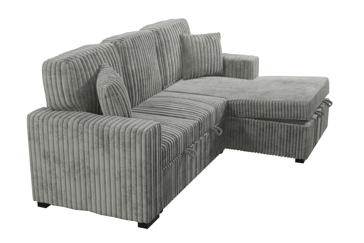 2-Pc Convertible Sectional W/ 2 Accent Pillows & Fold-Down Table - Smoke Wide-Welt Corduroy
