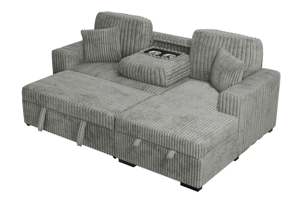 2-Pc Convertible Sectional W/ 2 Accent Pillows & Fold-Down Table - Smoke Wide-Welt Corduroy