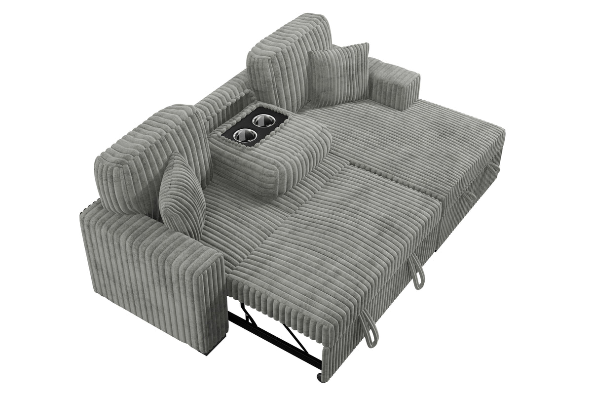 2-Pc Convertible Sectional W/ 2 Accent Pillows & Fold-Down Table - Smoke Wide-Welt Corduroy