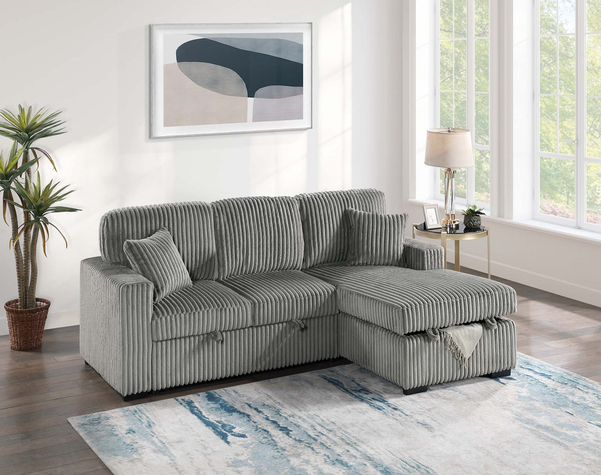 2-Pc Convertible Sectional W/ 2 Accent Pillows & Fold-Down Table - Smoke Wide-Welt Corduroy