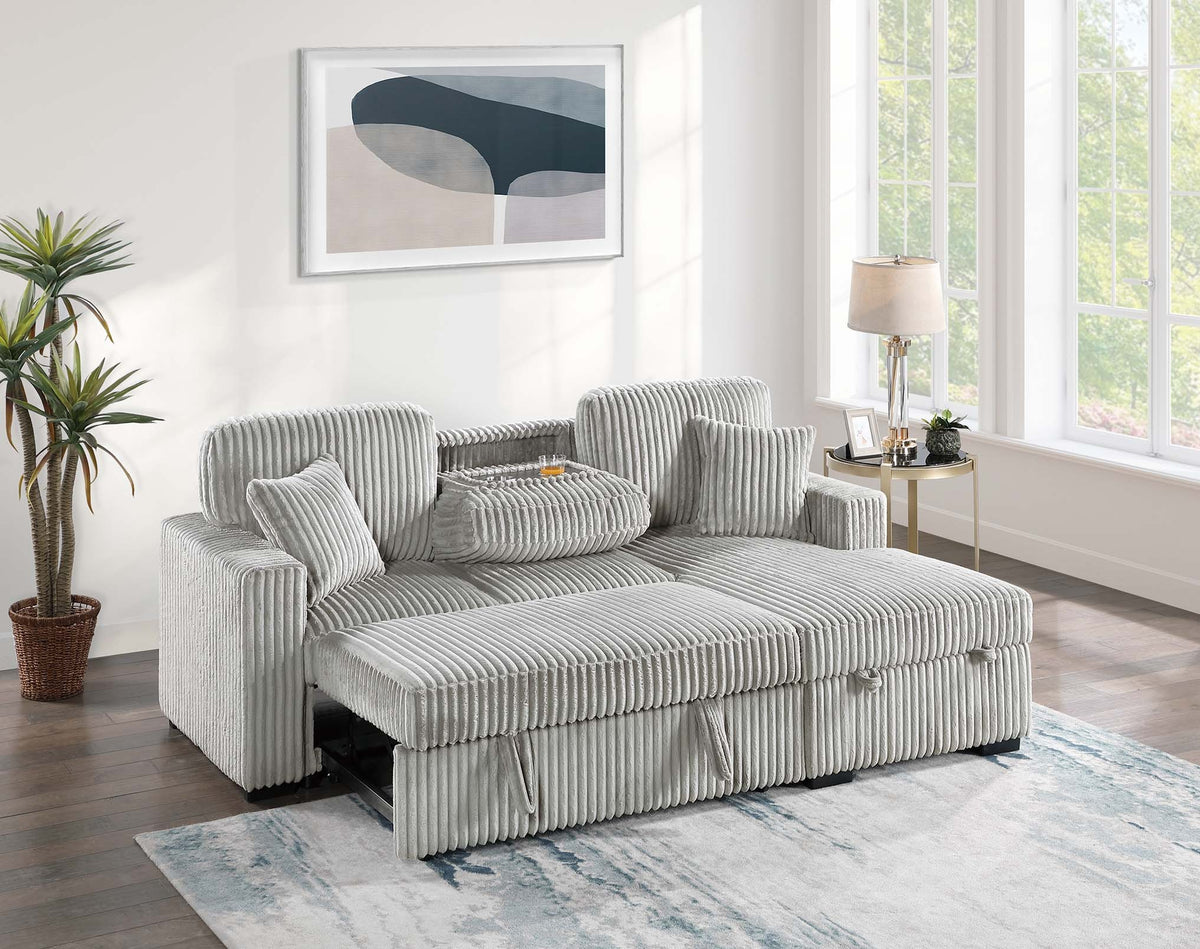 2-Pc Convertible Sectional W/ 2 Accent Pillows & Fold-Down Table - Ash Wide-Welt Corduroy