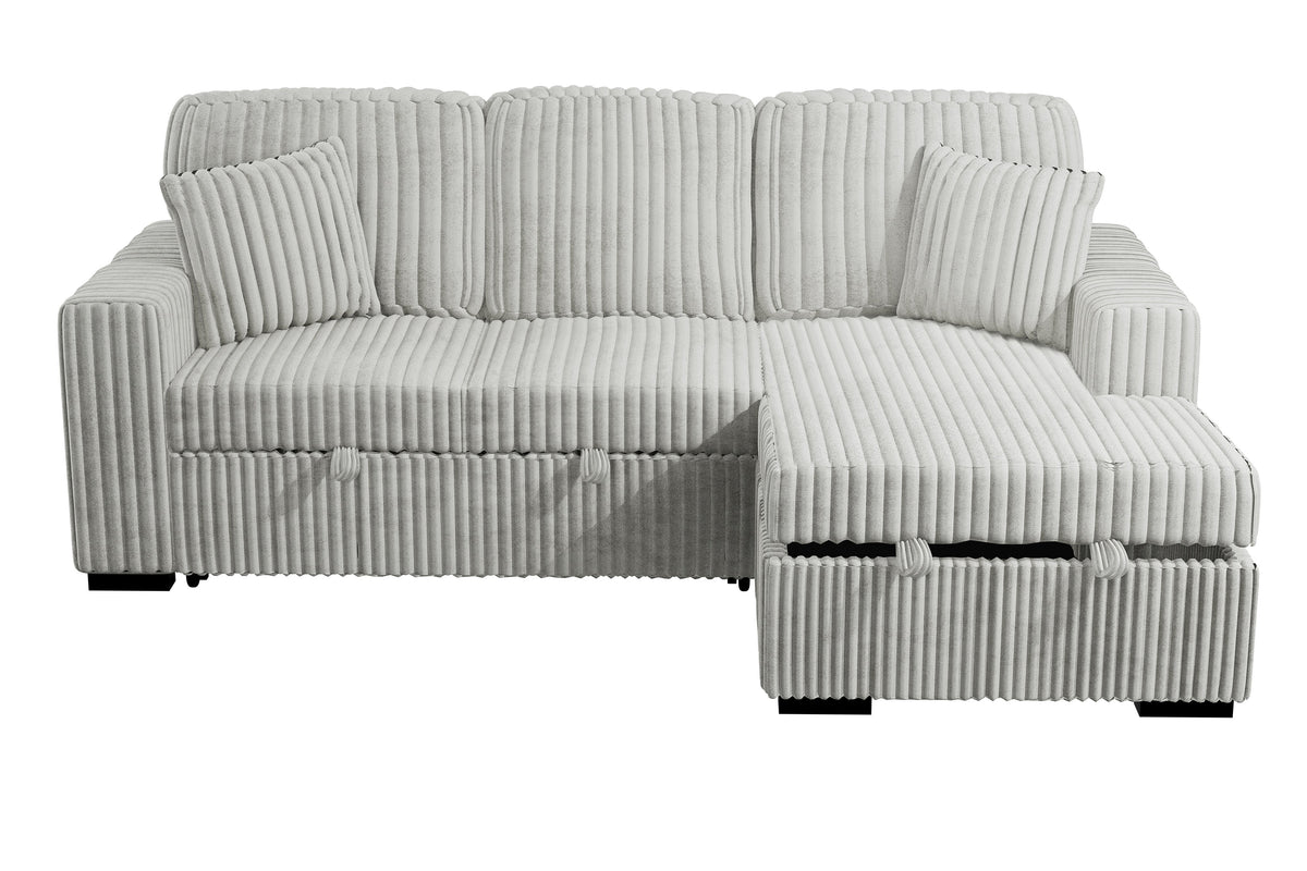 2-Pc Convertible Sectional W/ 2 Accent Pillows & Fold-Down Table - Ash Wide-Welt Corduroy