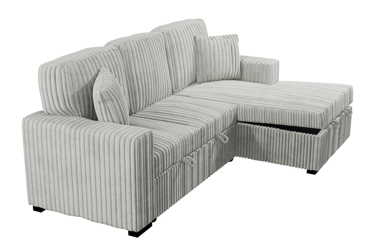 2-Pc Convertible Sectional W/ 2 Accent Pillows & Fold-Down Table - Ash Wide-Welt Corduroy