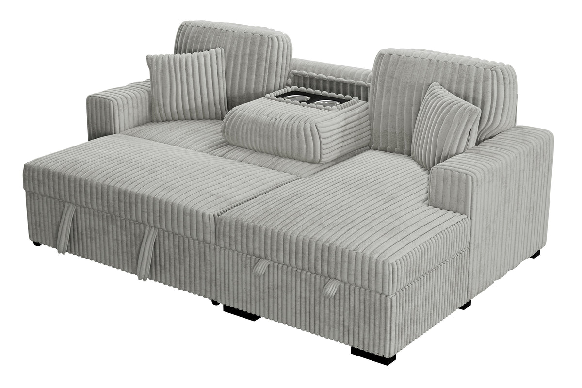 2-Pc Convertible Sectional W/ 2 Accent Pillows & Fold-Down Table - Ash Wide-Welt Corduroy
