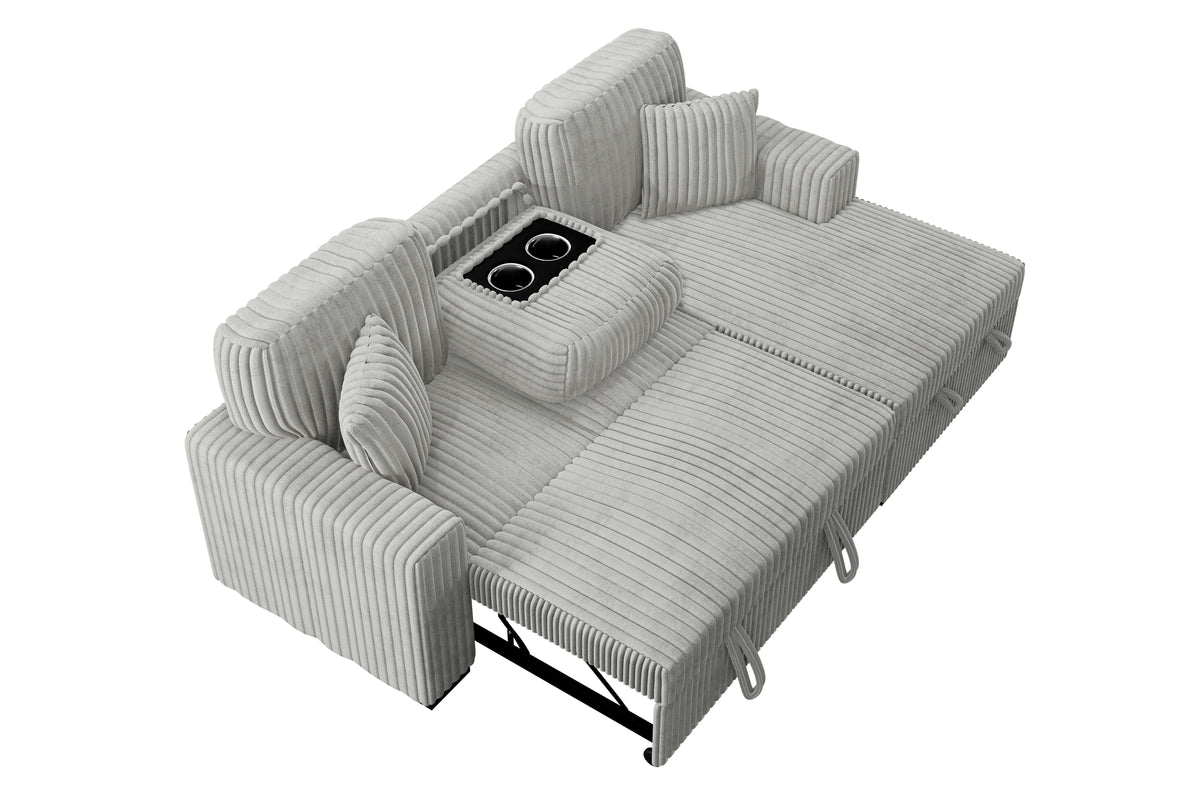 2-Pc Convertible Sectional W/ 2 Accent Pillows & Fold-Down Table - Ash Wide-Welt Corduroy