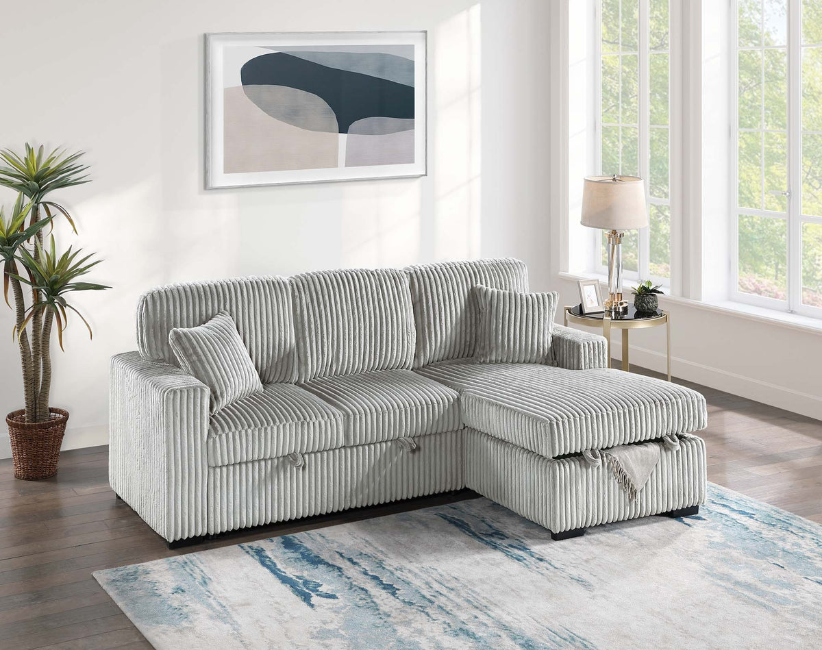 2-Pc Convertible Sectional W/ 2 Accent Pillows & Fold-Down Table - Ash Wide-Welt Corduroy