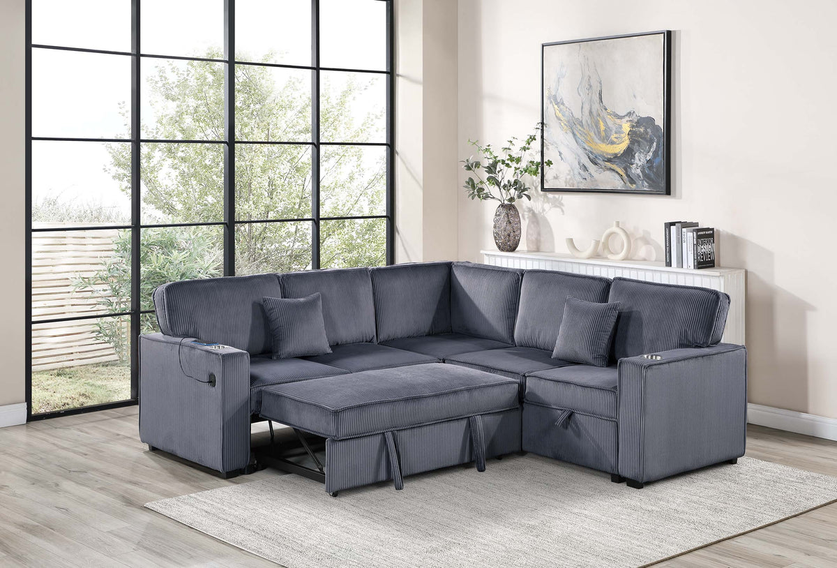 3-Pc Convertible Sectional W/ 2 Accent Pillows - Dark Gray Corduroy