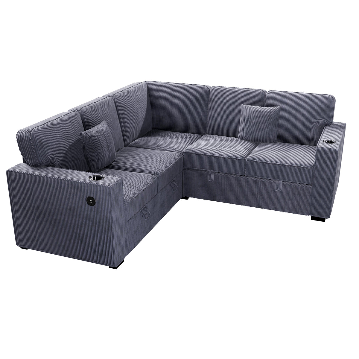 3-Pc Convertible Sectional W/ 2 Accent Pillows - Dark Gray Corduroy