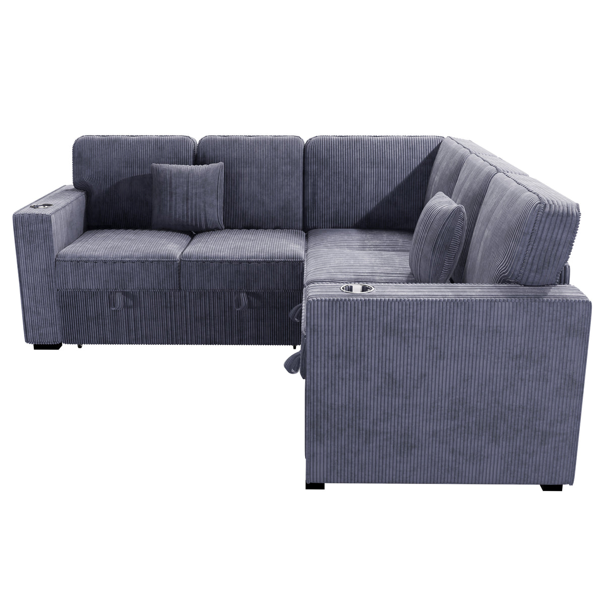 3-Pc Convertible Sectional W/ 2 Accent Pillows - Dark Gray Corduroy