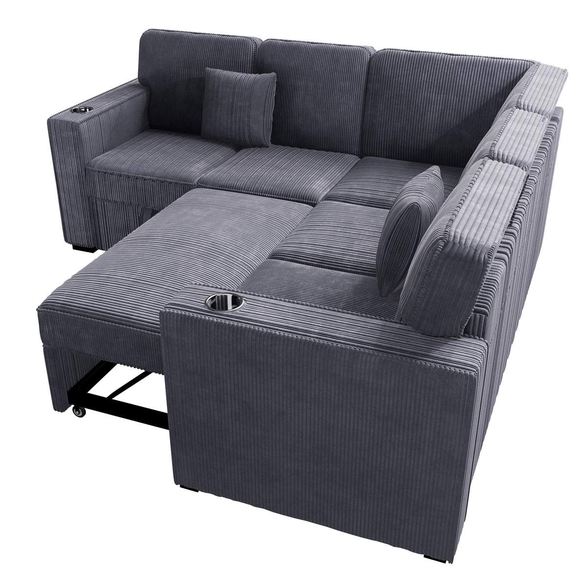 3-Pc Convertible Sectional W/ 2 Accent Pillows - Dark Gray Corduroy