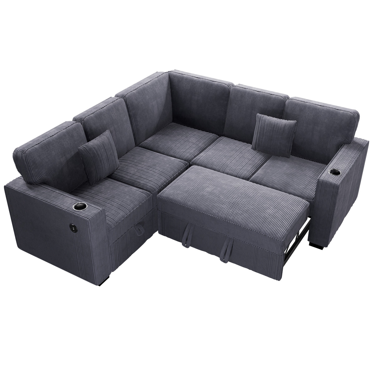 3-Pc Convertible Sectional W/ 2 Accent Pillows - Dark Gray Corduroy