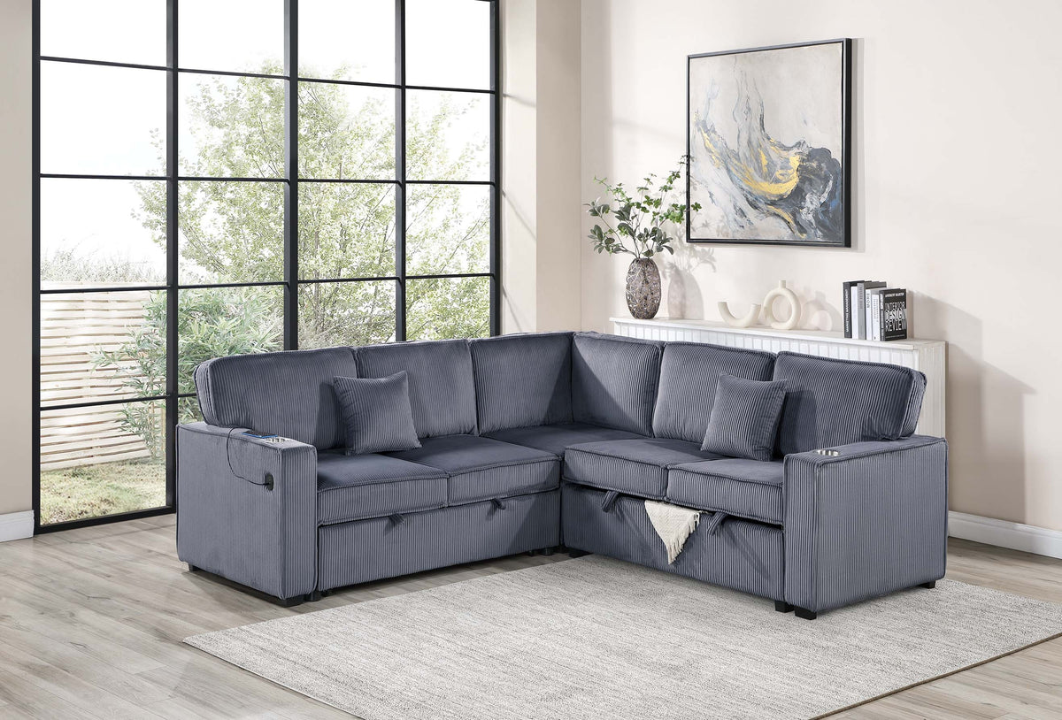 3-Pc Convertible Sectional W/ 2 Accent Pillows - Dark Gray Corduroy