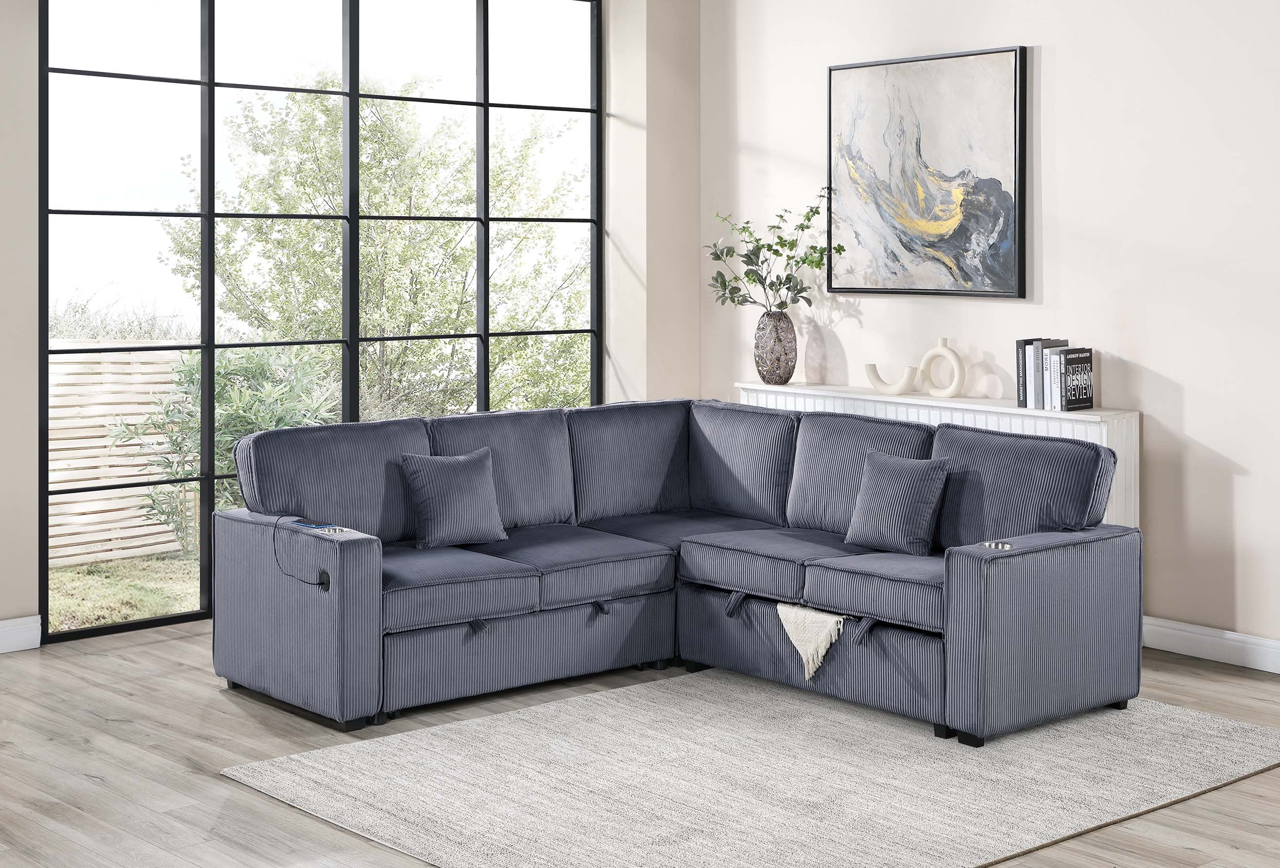 3-Piece Convertible Sectional - Dark Gray Corduroy