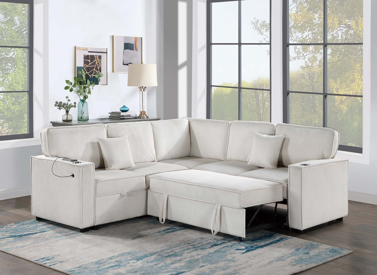 3-Pc Convertible Sectional W/ 2 Accent Pillows - Beige Corduroy