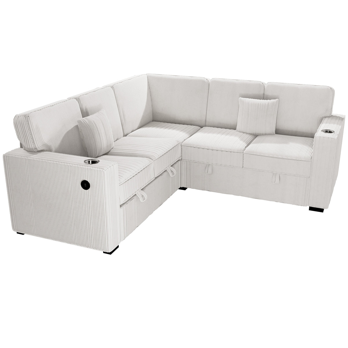 3-Pc Convertible Sectional W/ 2 Accent Pillows - Beige Corduroy