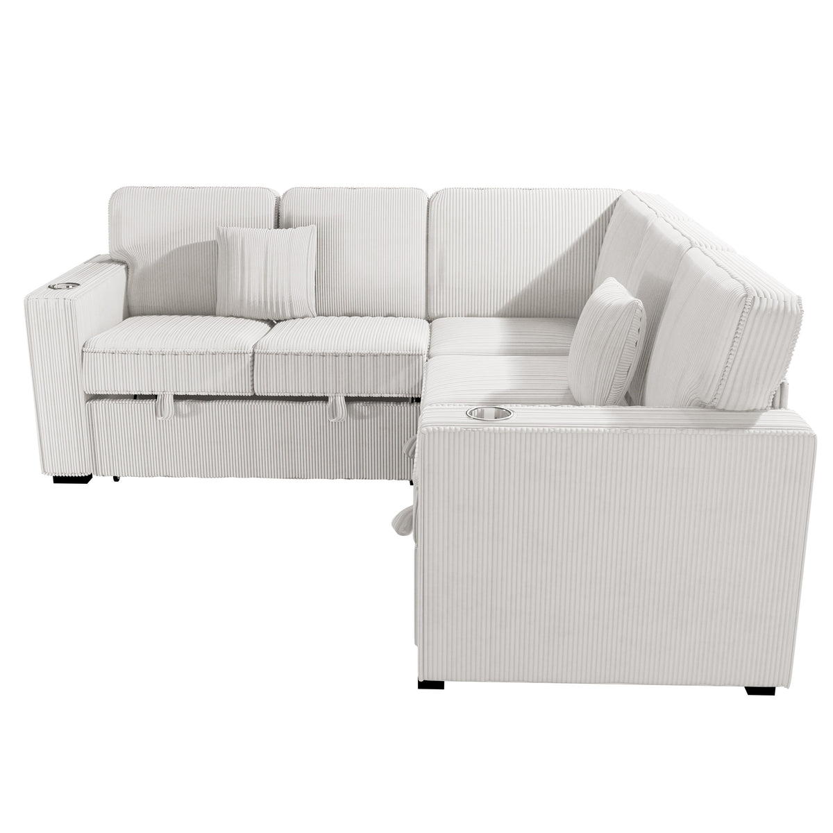 3-Pc Convertible Sectional W/ 2 Accent Pillows - Beige Corduroy