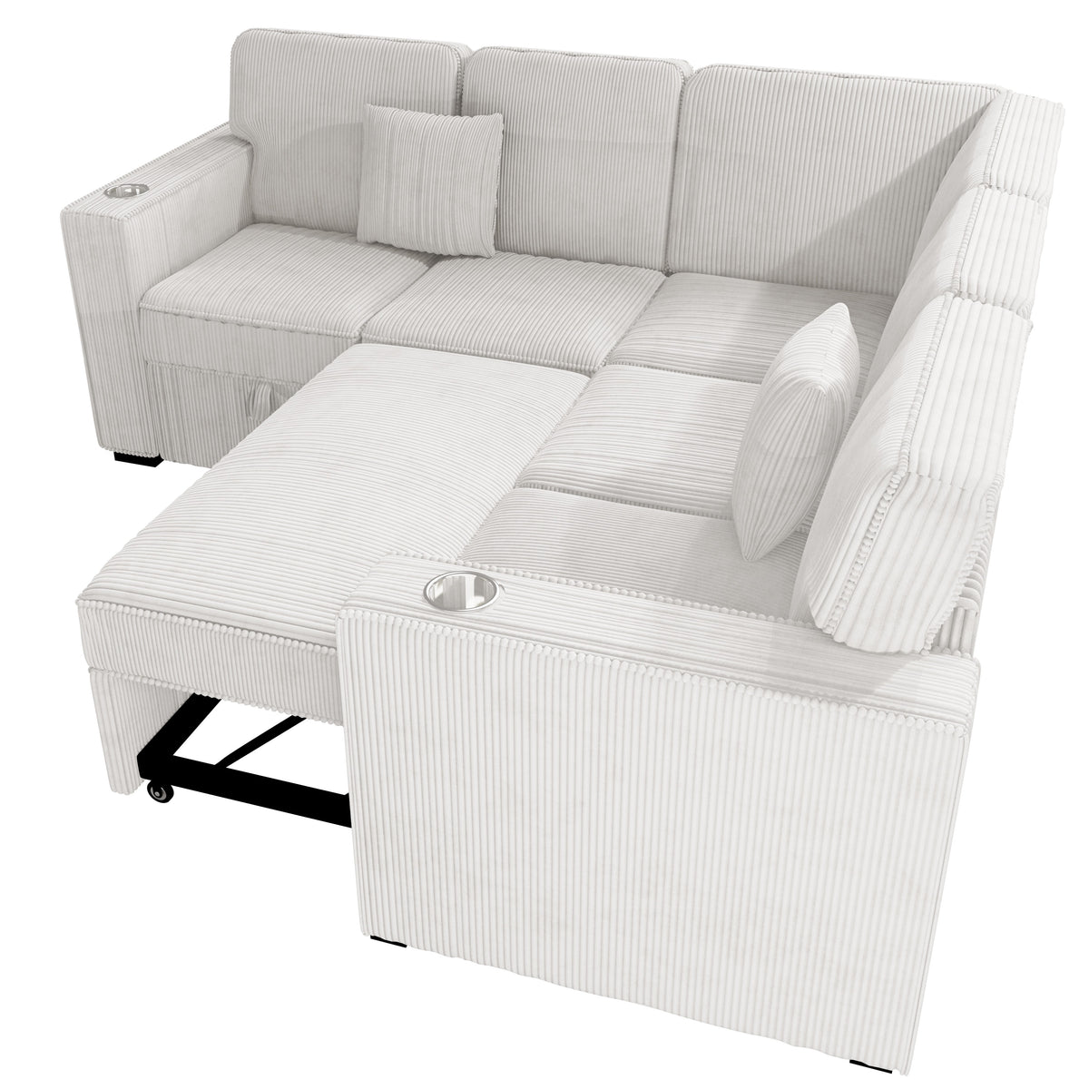 3-Pc Convertible Sectional W/ 2 Accent Pillows - Beige Corduroy