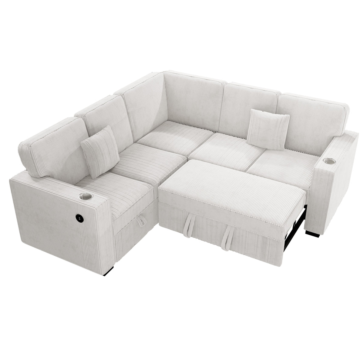 3-Pc Convertible Sectional W/ 2 Accent Pillows - Beige Corduroy