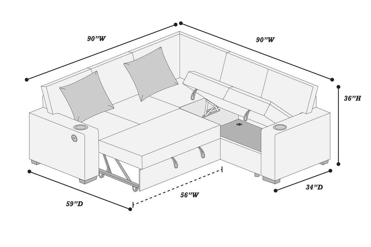 3-Pc Convertible Sectional W/ 2 Accent Pillows - Beige Corduroy