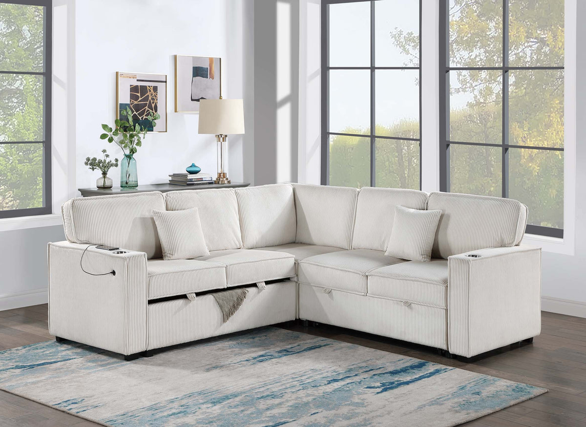 3-Pc Convertible Sectional W/ 2 Accent Pillows - Beige Corduroy