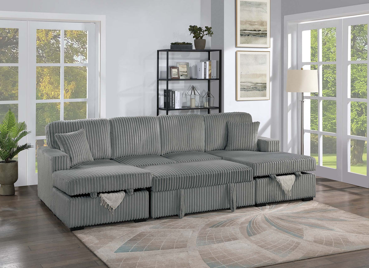 3-Pc Convertible Sectional W/ 2 Accent Pillows - Smoke Wide-Welt Corduroy