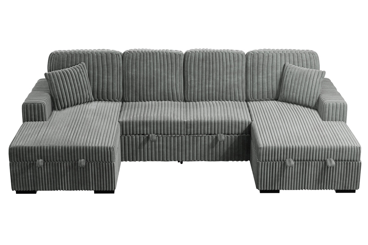 3-Pc Convertible Sectional W/ 2 Accent Pillows - Smoke Wide-Welt Corduroy