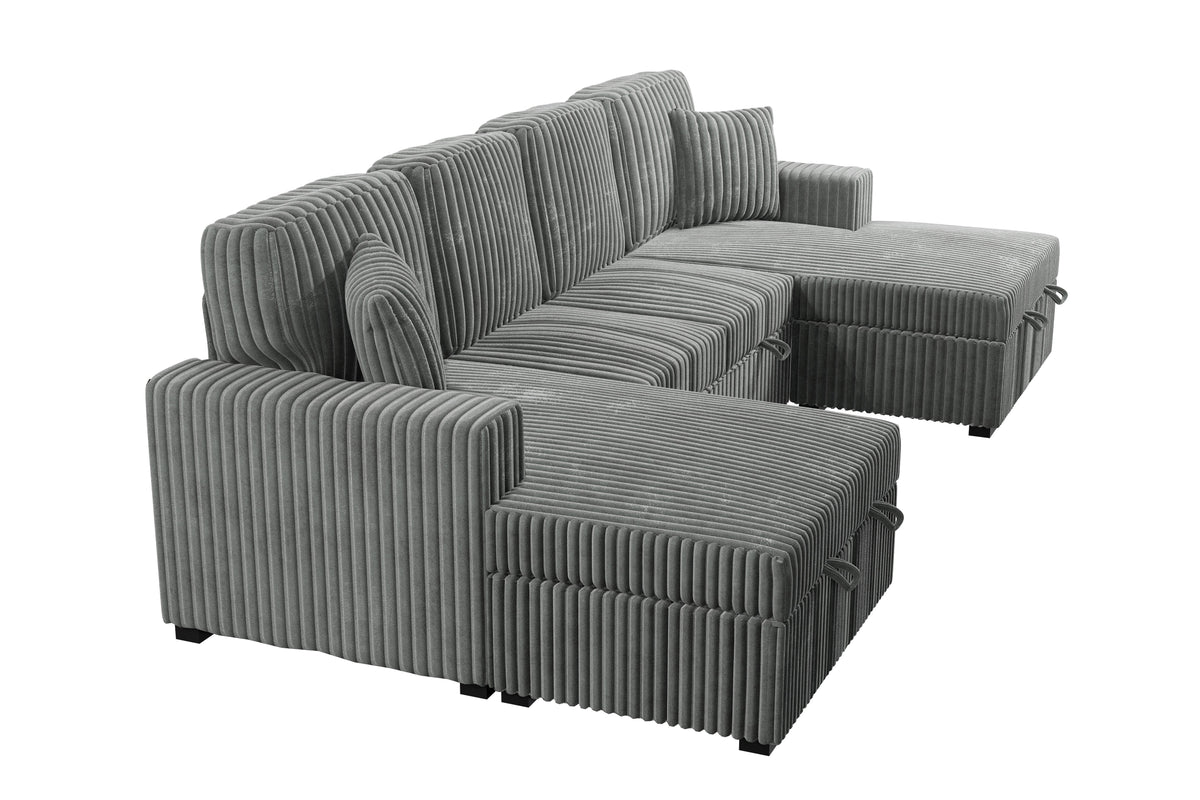 3-Pc Convertible Sectional W/ 2 Accent Pillows - Smoke Wide-Welt Corduroy