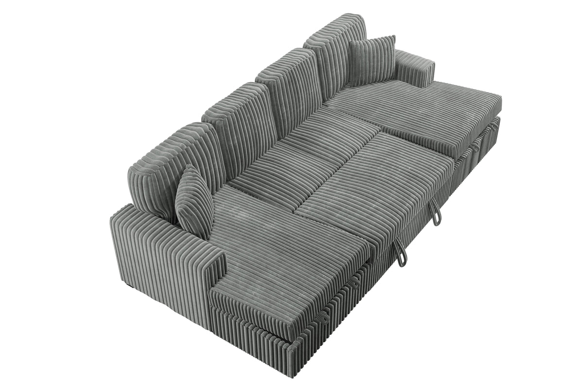 3-Pc Convertible Sectional W/ 2 Accent Pillows - Smoke Wide-Welt Corduroy