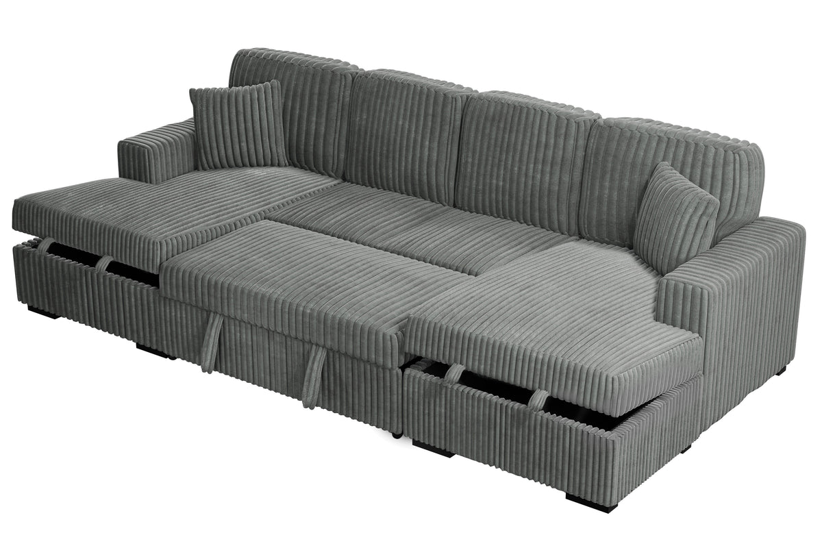 3-Pc Convertible Sectional W/ 2 Accent Pillows - Smoke Wide-Welt Corduroy