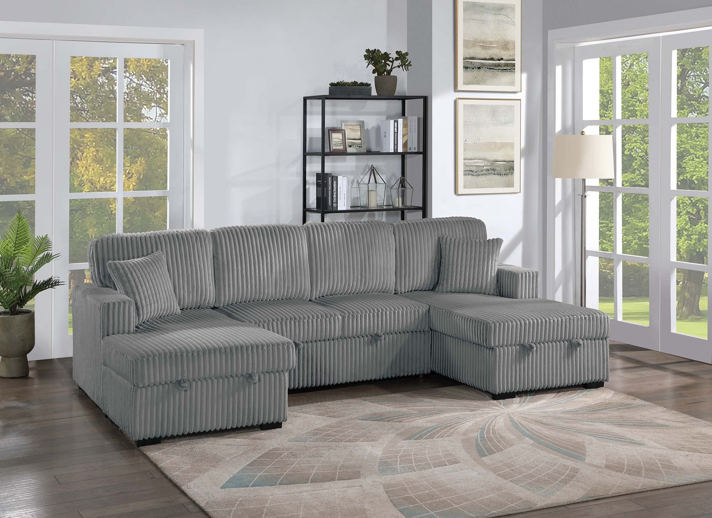 3-Piece Convertible Sectional - Smoke Wide-Welt Corduroy