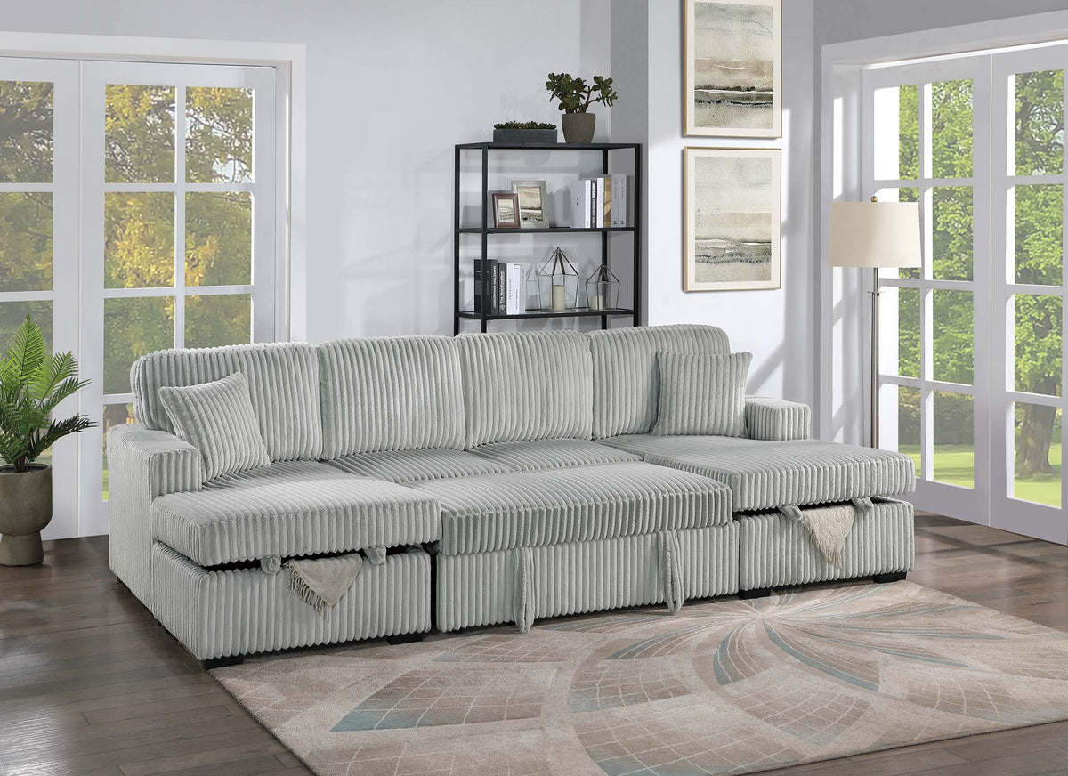 3-Pc Convertible Sectional W/ 2 Accent Pillows - Ash Wide-Welt Corduroy