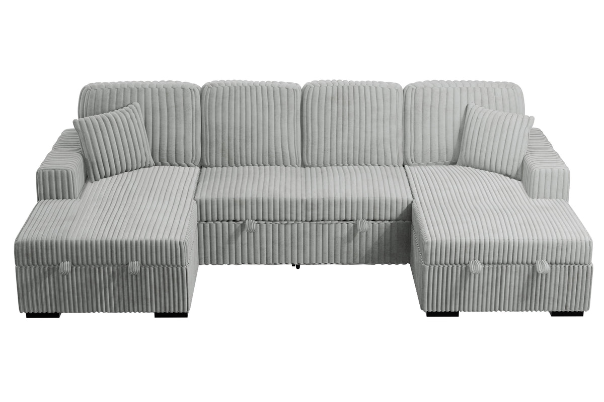 3-Pc Convertible Sectional W/ 2 Accent Pillows - Ash Wide-Welt Corduroy