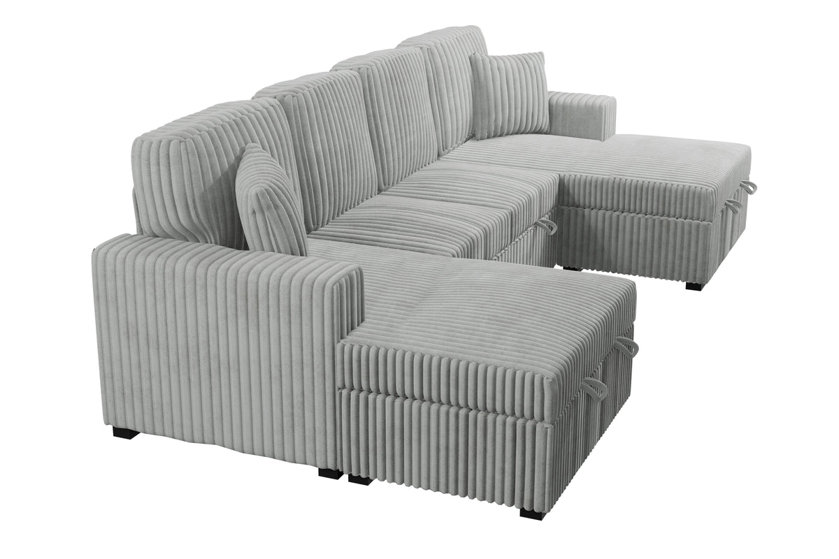 3-Pc Convertible Sectional W/ 2 Accent Pillows - Ash Wide-Welt Corduroy