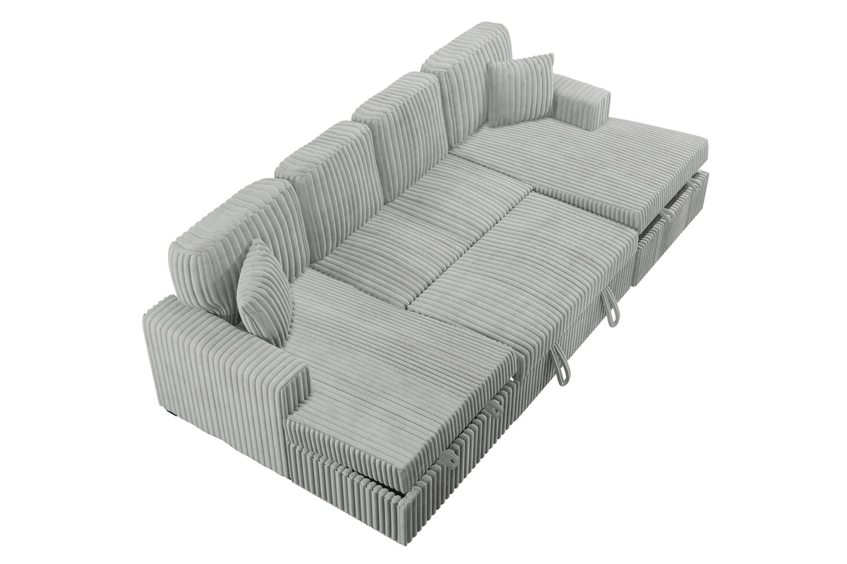 3-Pc Convertible Sectional W/ 2 Accent Pillows - Ash Wide-Welt Corduroy