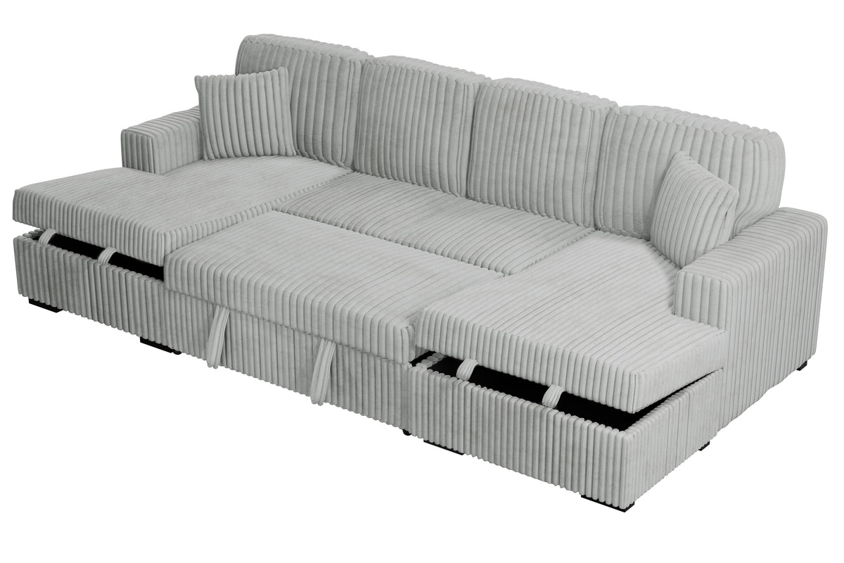 3-Pc Convertible Sectional W/ 2 Accent Pillows - Ash Wide-Welt Corduroy