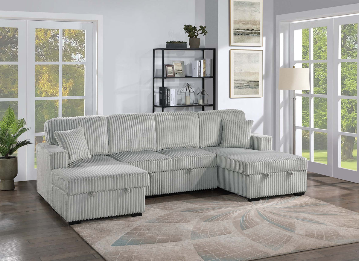 3-Pc Convertible Sectional W/ 2 Accent Pillows - Ash Wide-Welt Corduroy