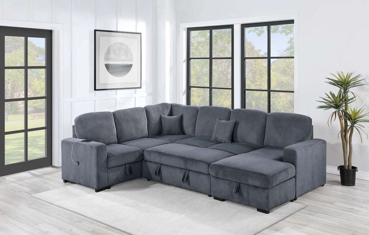 4-Pc Convertible Sectional W/ 2 Accent Pillows - Dark Gray Corduroy