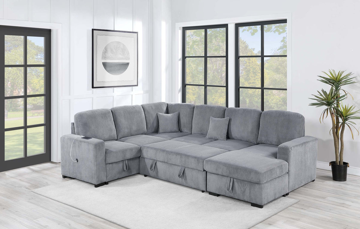 4-Pc Convertible Sectional W/ 2 Accent Pillows - Fog Corduroy