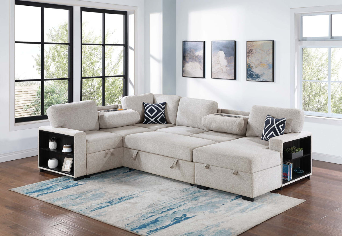 4-Pc Convertible Sectional W/ 2 Accent Pillows - Beige Boucle
