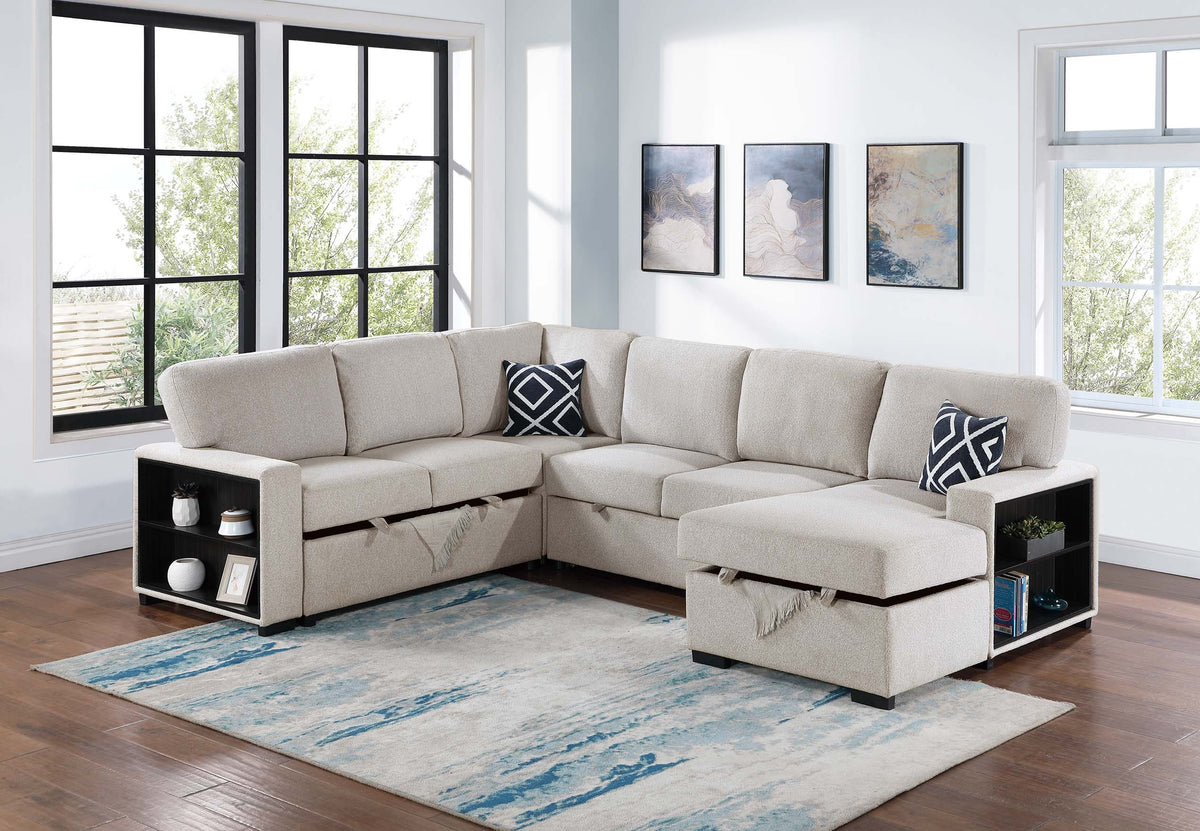 4-Pc Convertible Sectional W/ 2 Accent Pillows - Beige Boucle