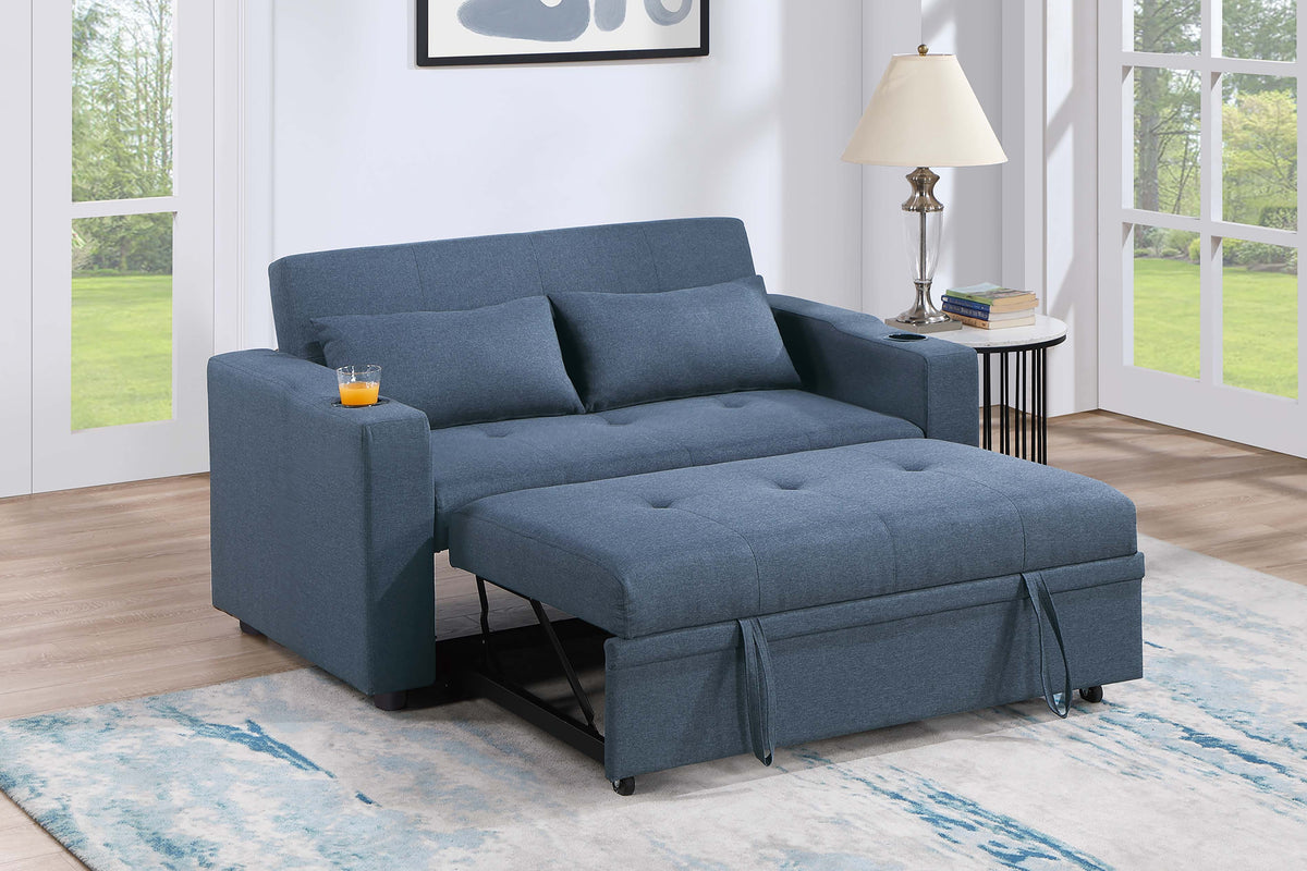 Convertible Sofa W/ 2 Accent Pillows - Dark Blue Polyfiber