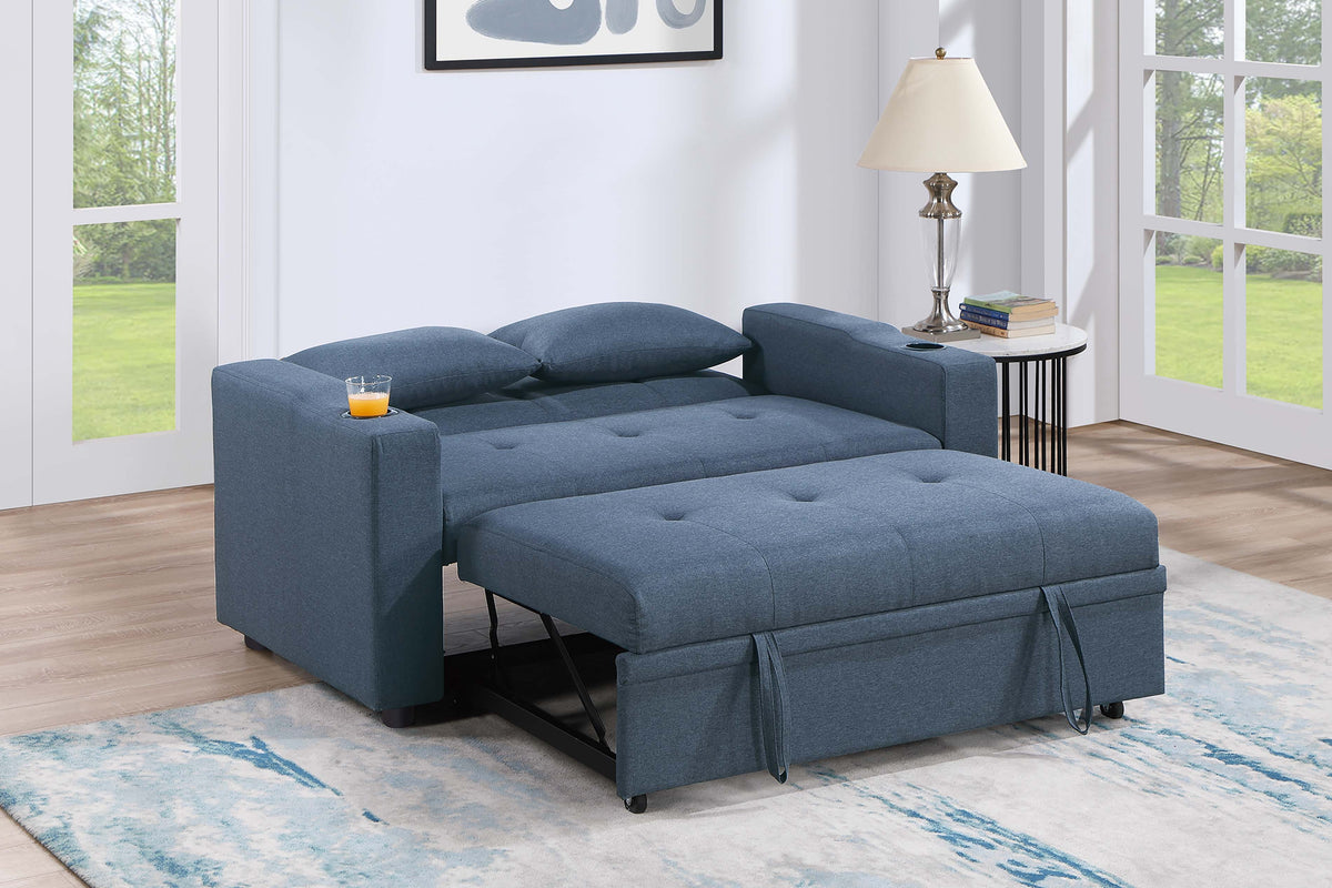 Convertible Sofa W/ 2 Accent Pillows - Dark Blue Polyfiber