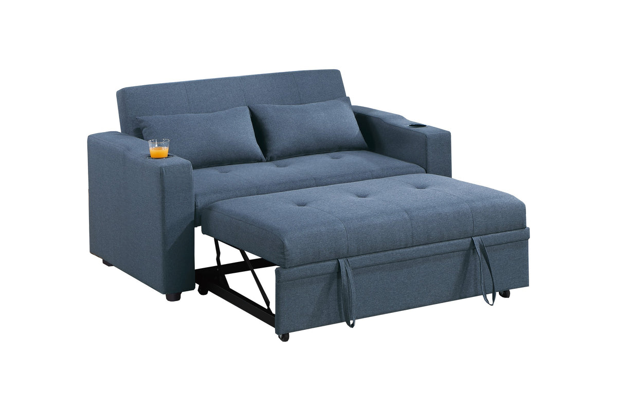 Convertible Sofa W/ 2 Accent Pillows - Dark Blue Polyfiber
