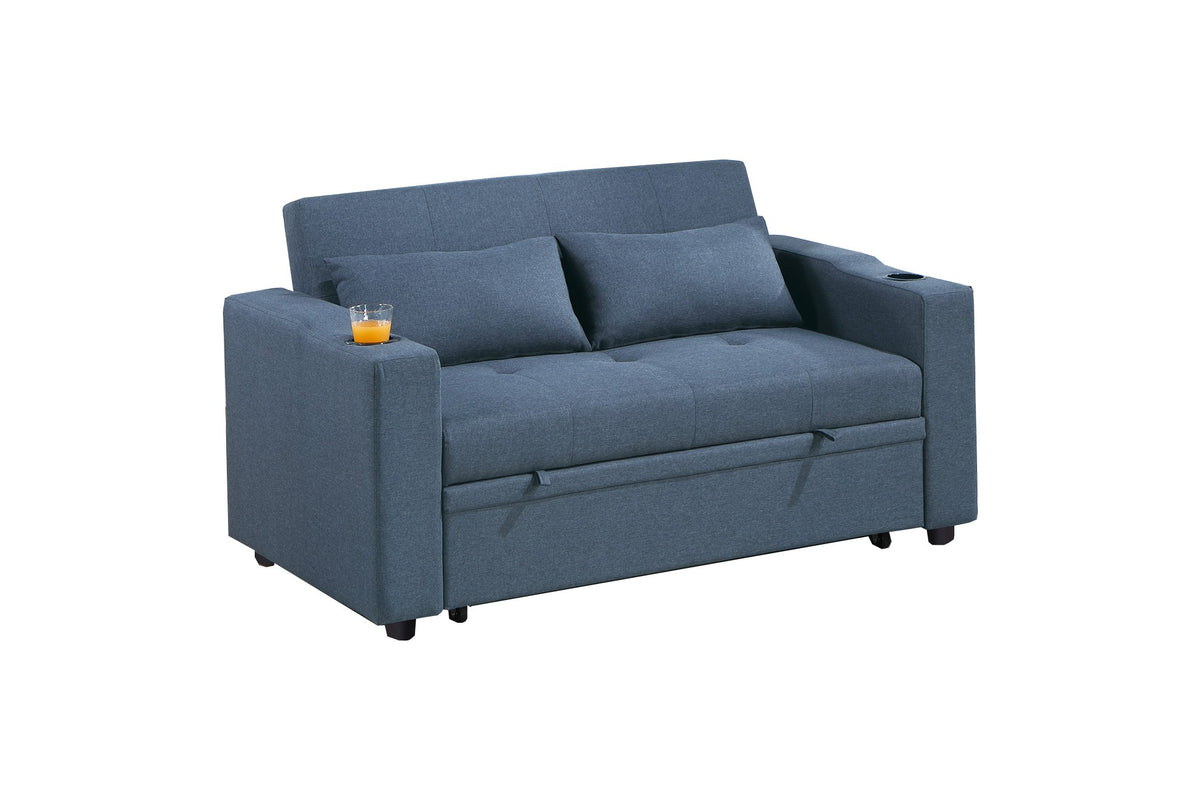 Convertible Sofa W/ 2 Accent Pillows - Dark Blue Polyfiber