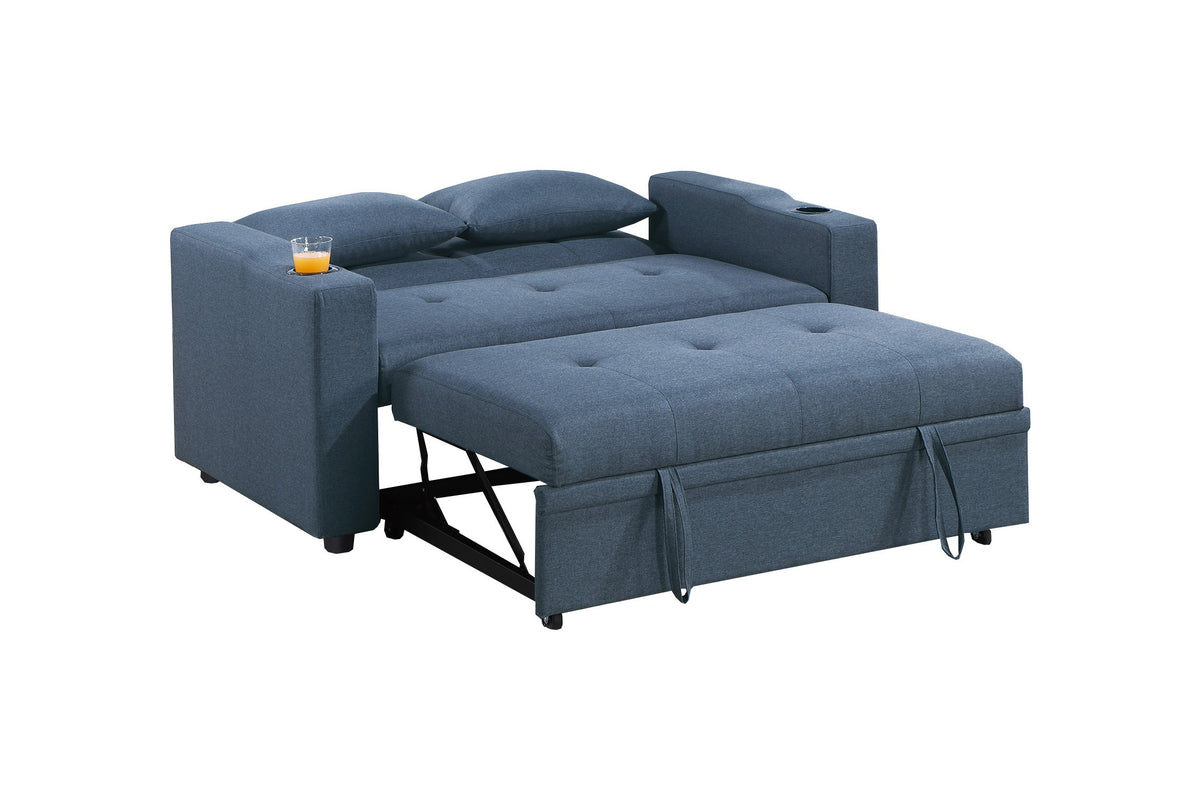 Convertible Sofa W/ 2 Accent Pillows - Dark Blue Polyfiber
