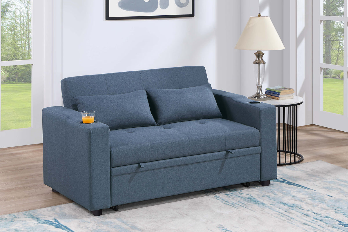 Convertible Sofa W/ 2 Accent Pillows - Dark Blue Polyfiber