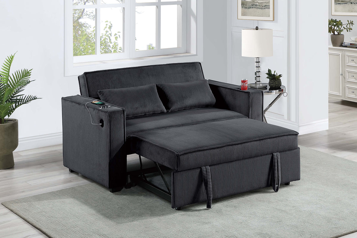 Convertible Sofa W/ 2 Accent Pillows & Usb Ports - Black Corduroy