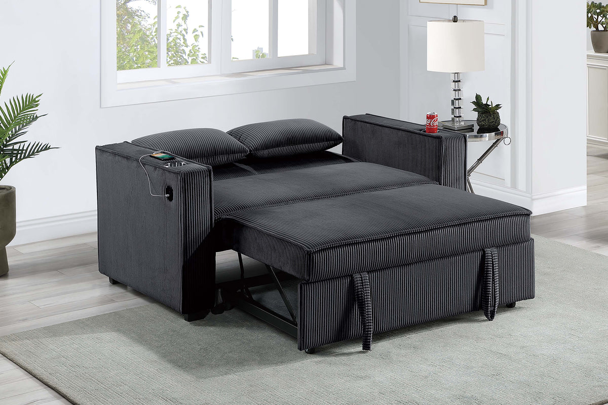 Convertible Sofa W/ 2 Accent Pillows & Usb Ports - Black Corduroy
