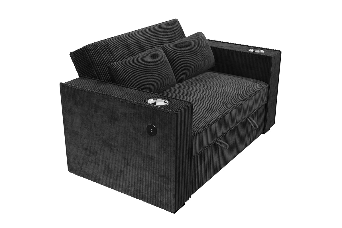 Convertible Sofa W/ 2 Accent Pillows & Usb Ports - Black Corduroy
