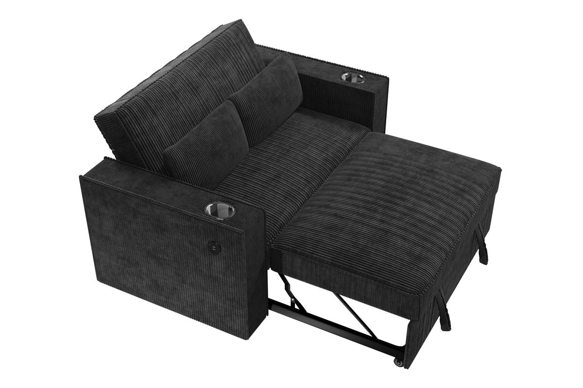 Convertible Sofa W/ 2 Accent Pillows & Usb Ports - Black Corduroy